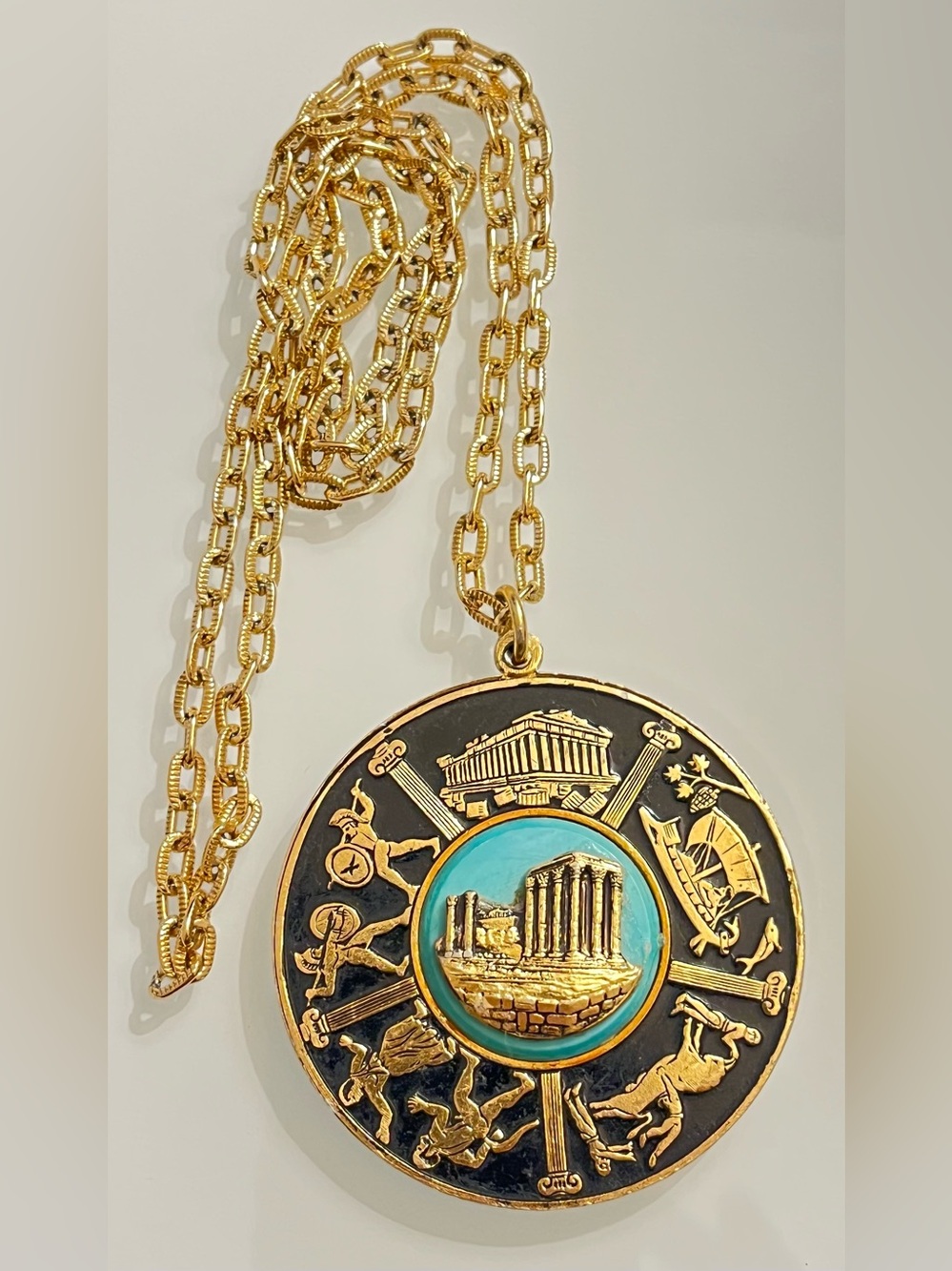 Vintage 70s Large Double Sided Parthenon Greek Key Ship Warrior Pendant Necklace